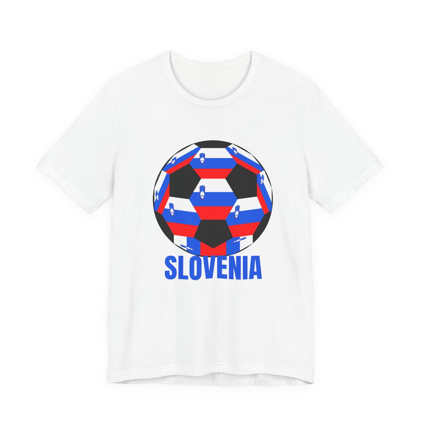 Slovenia Fan Specialty Soccer Ball Design T Shirt Blue Text