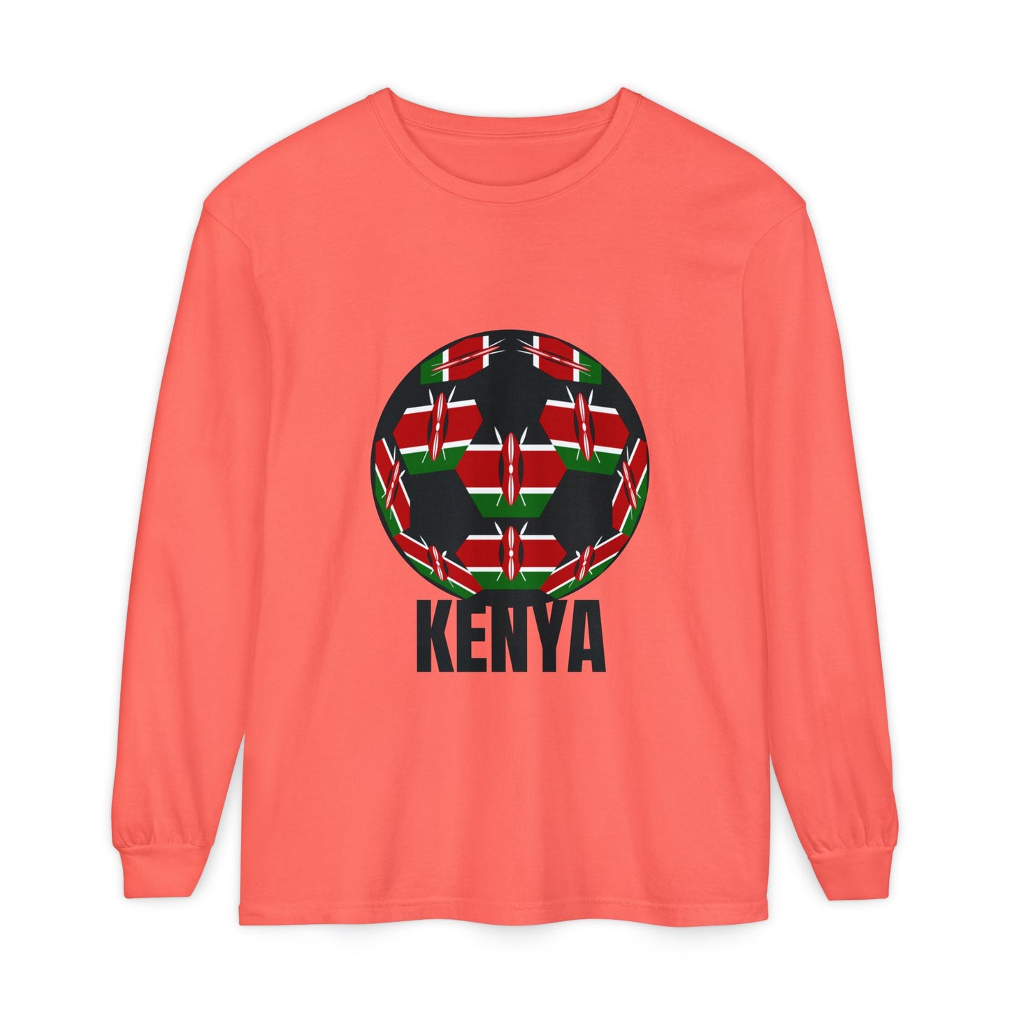 Kenya Fan Specialty Soccer Ball Design Long Sleeve Tee Black Text