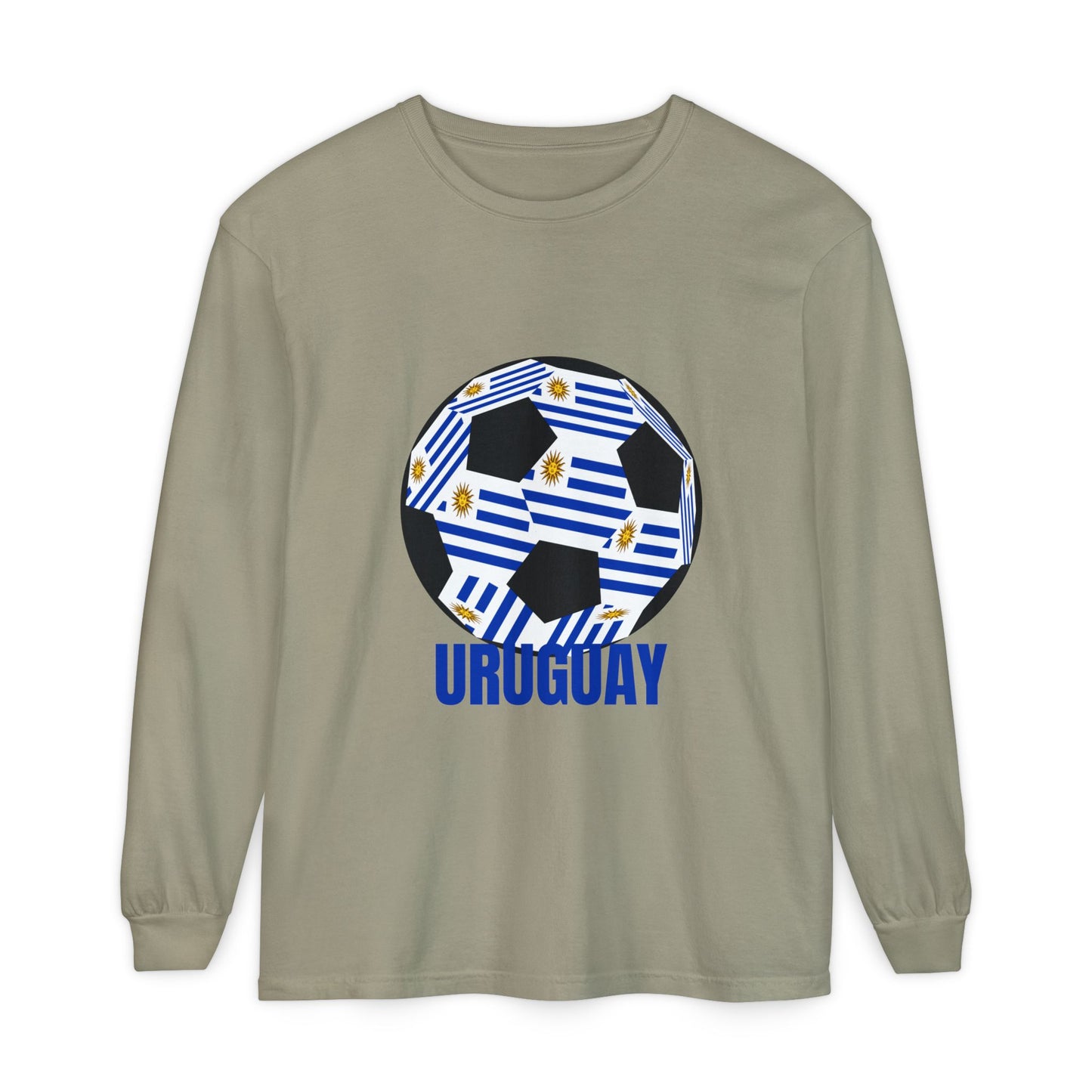 Uruguay Fan Specialty Soccer Ball Design Long Sleeve T-Shirt Blue Text