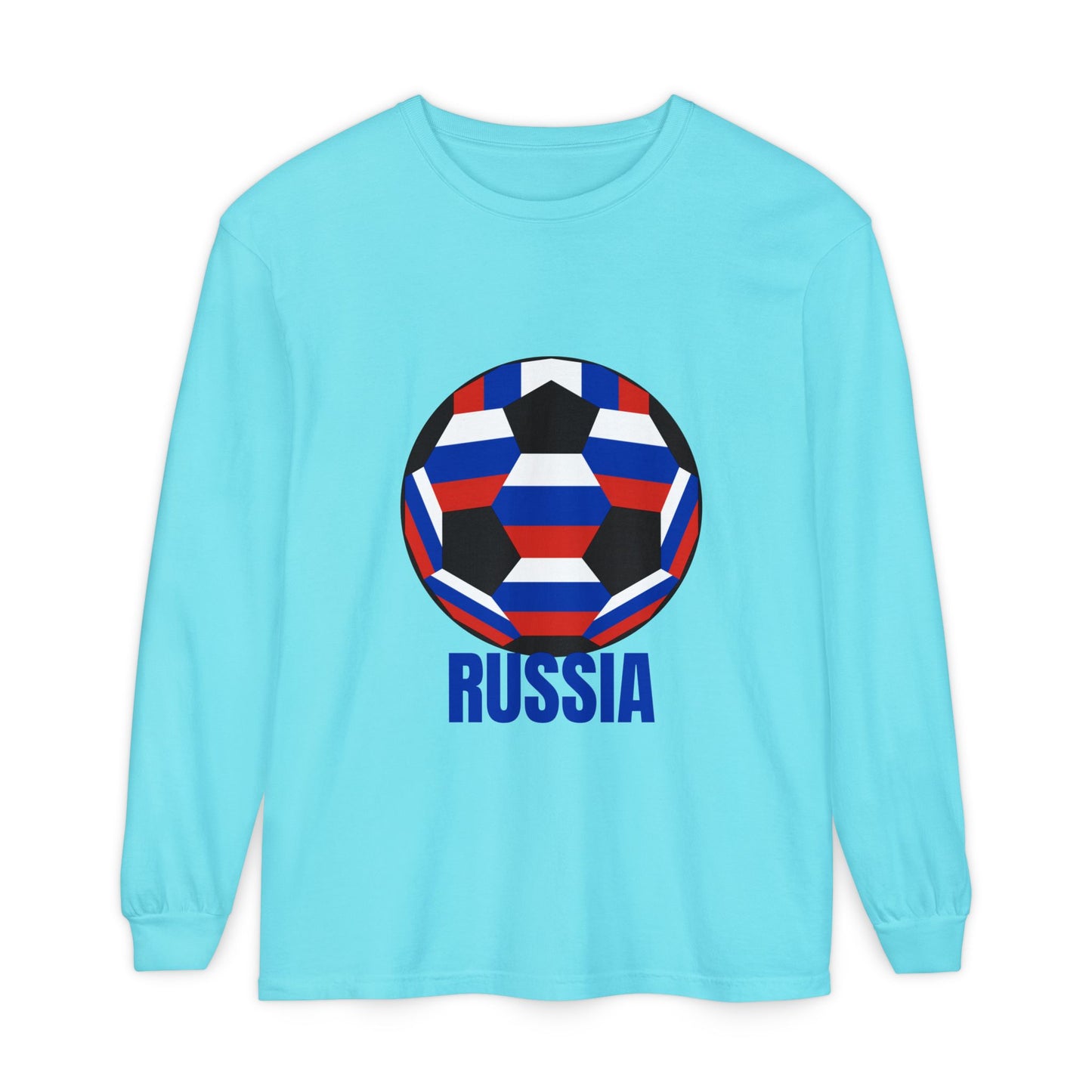 Russia Fan Specialty Soccer Ball Design T Shirt Long Sleeve T-Shirt Blue Text