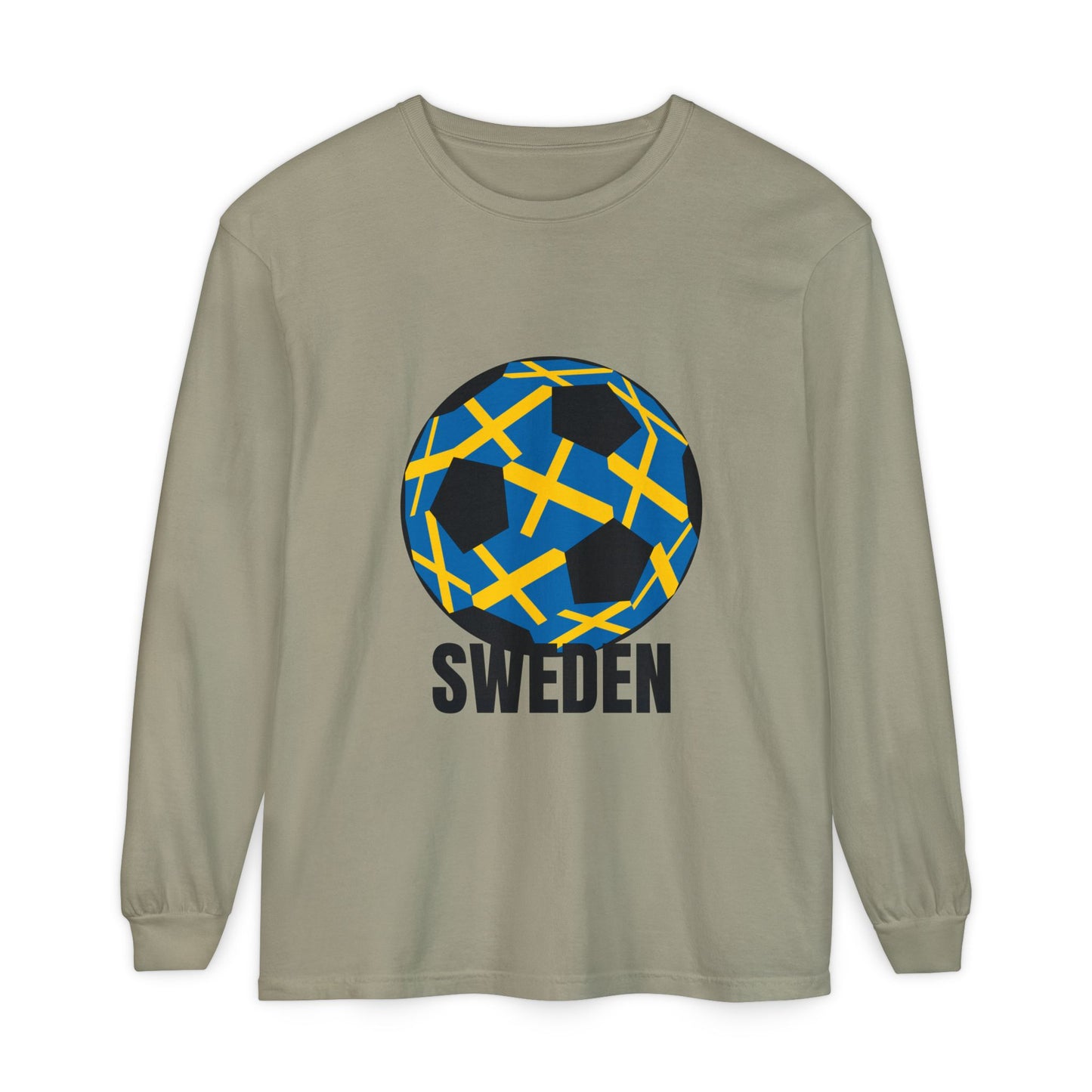 Sweden Fan Specialty Soccer Ball Design Long Sleeve Tee Black Text