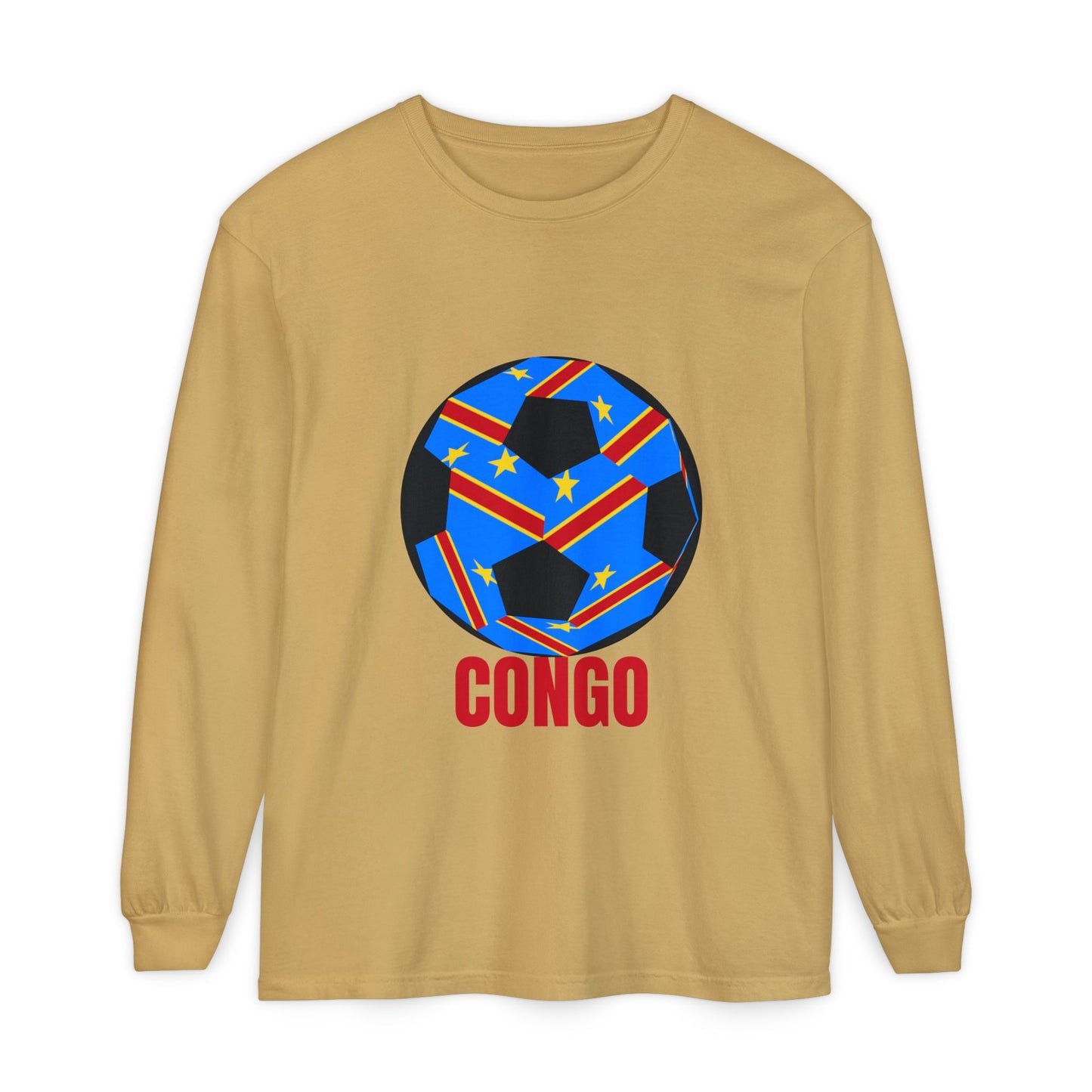Congo Fan Specialty Soccer Ball Design T Shirt Long Sleeve Tee Red Text