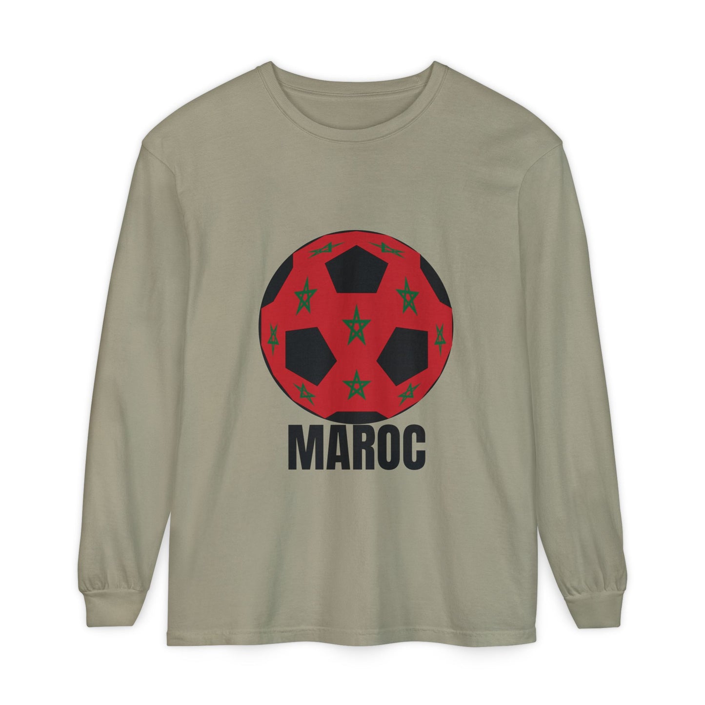 Morocco Maroc Fan Specialty Soccer Ball Design T Shirt Long Sleeve Tee Black Text