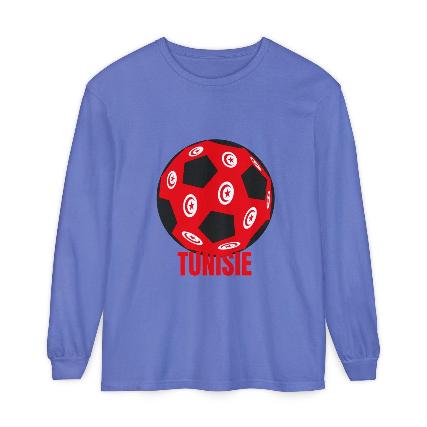 Tunisie Fan Specialty Soccer Ball Design T Shirt Long Sleeve Tee Red Text