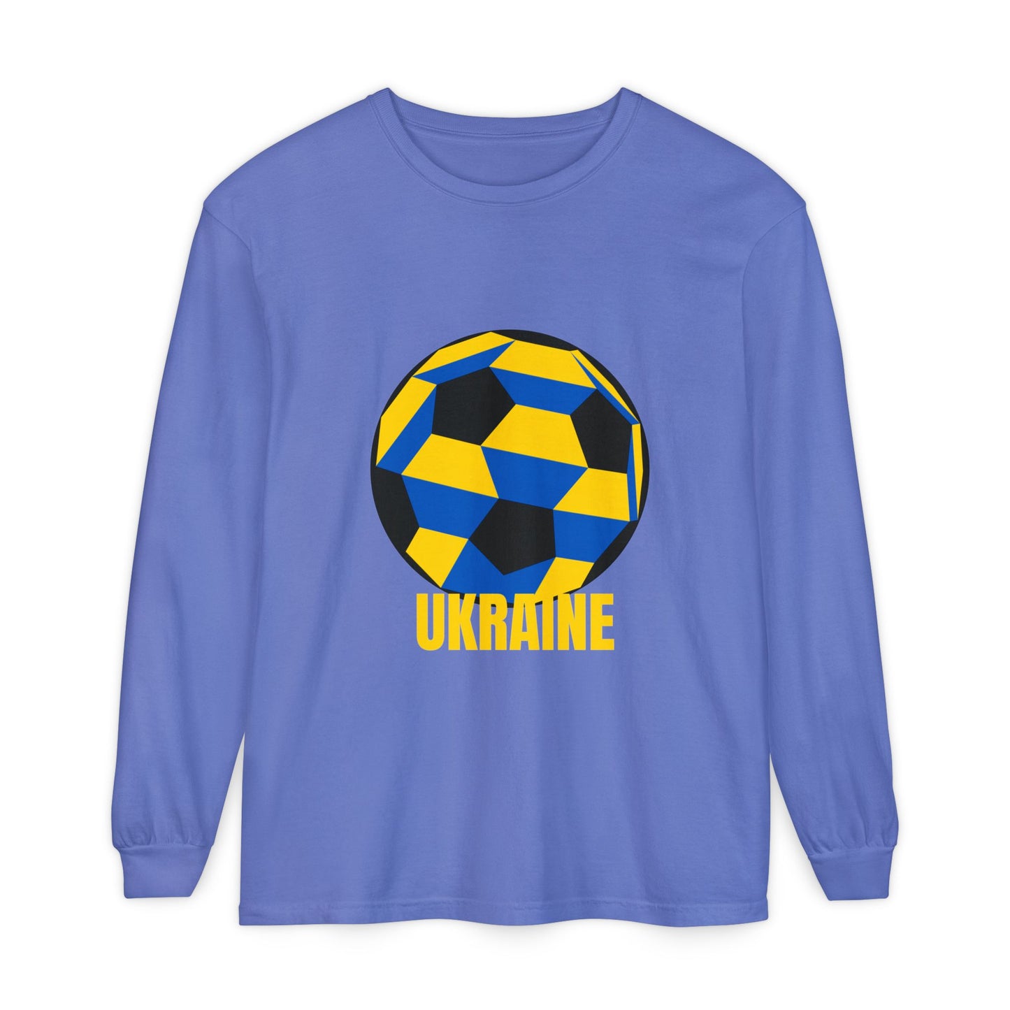 Ukraine Fan Specialty Soccer Ball Design Long Sleeve Tee Yellow Text