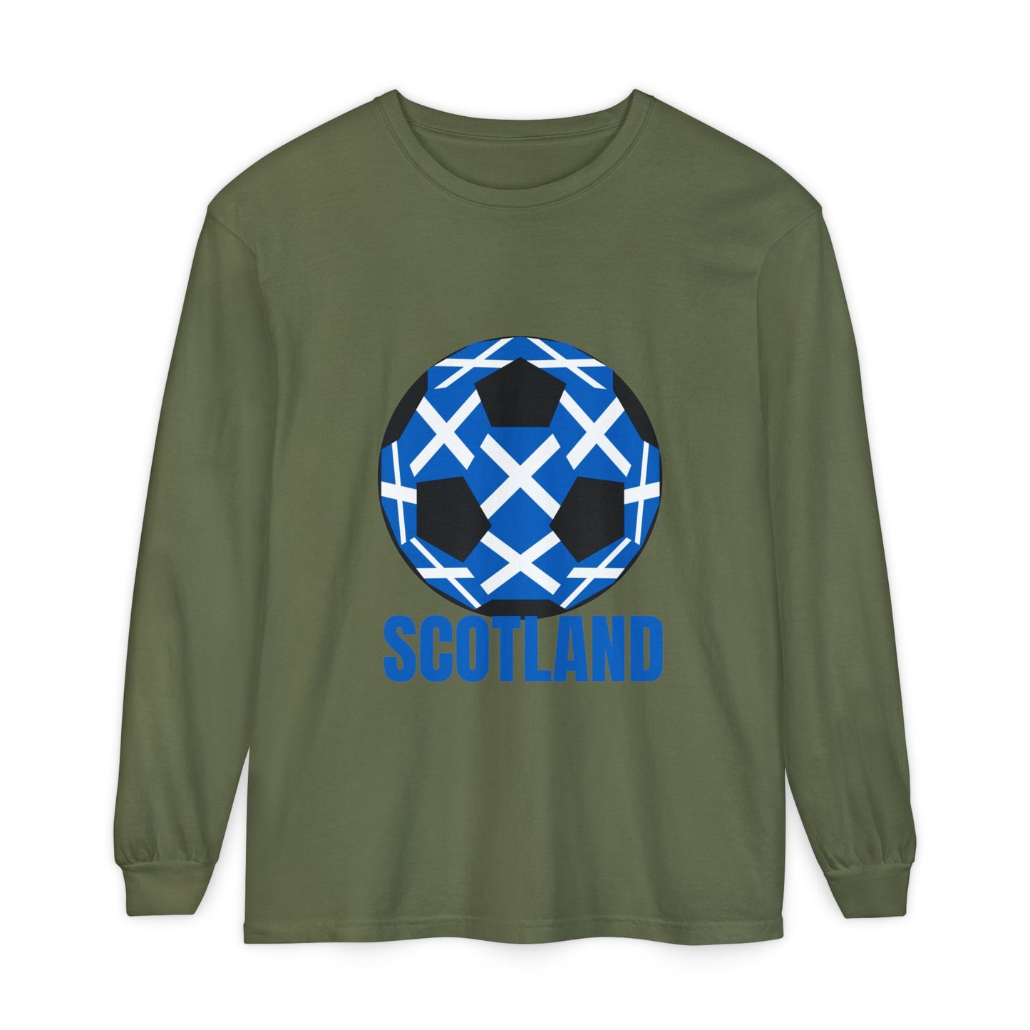 Scotland Fan Specialty Soccer Ball Design T Shirt Long Sleeve Tee Blue Text