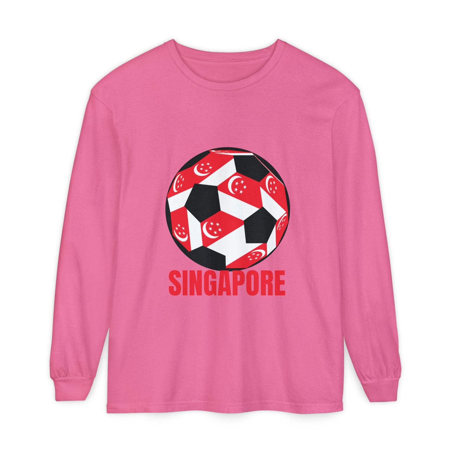 Singapore Fan Specialty Soccer Ball Design T ShirtLong Sleeve Tee Red Text