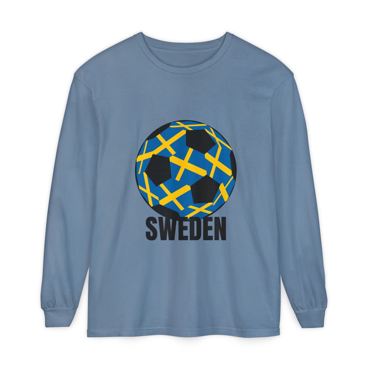 Sweden Fan Specialty Soccer Ball Design Long Sleeve Tee Black Text