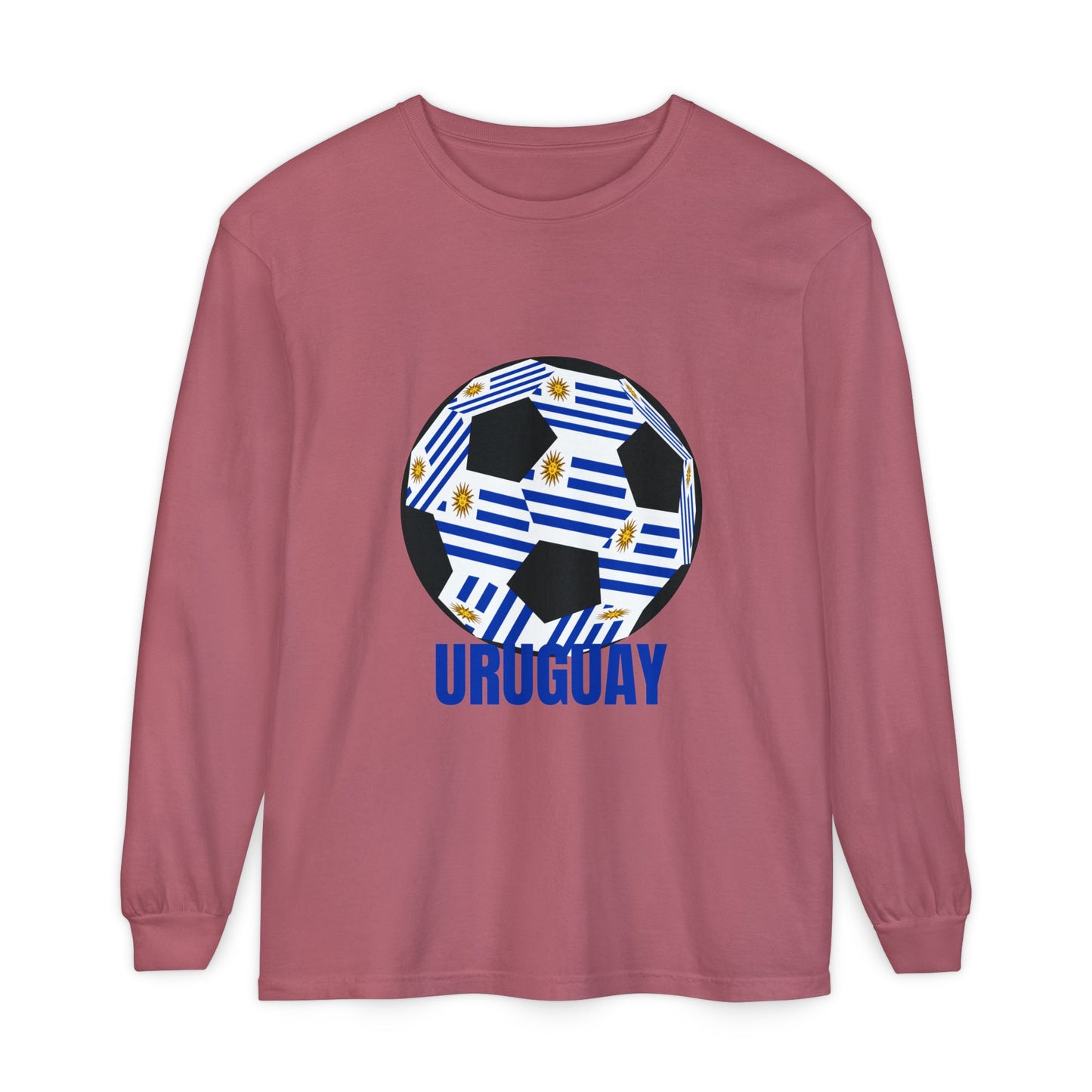 Uruguay Fan Specialty Soccer Ball Design Long Sleeve T-Shirt Blue Text