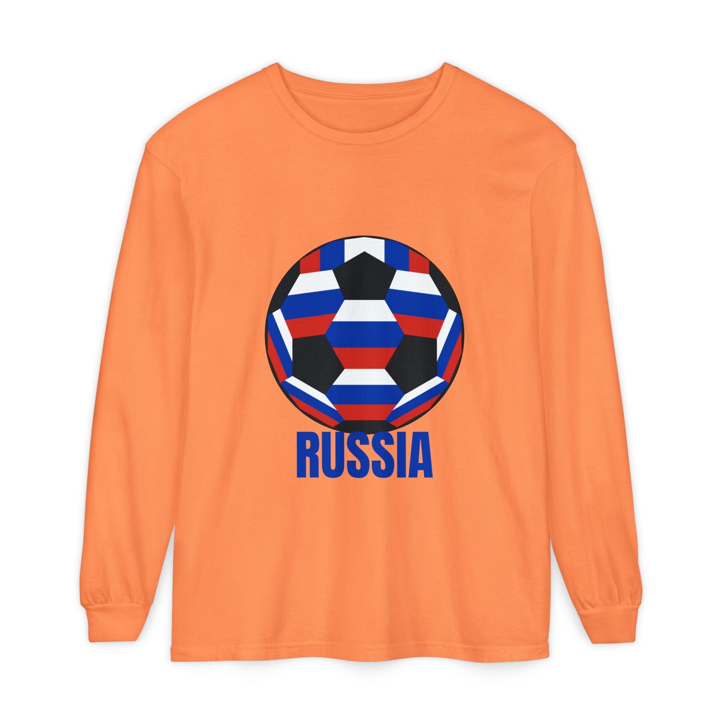 Russia Fan Specialty Soccer Ball Design T Shirt Long Sleeve T-Shirt Blue Text