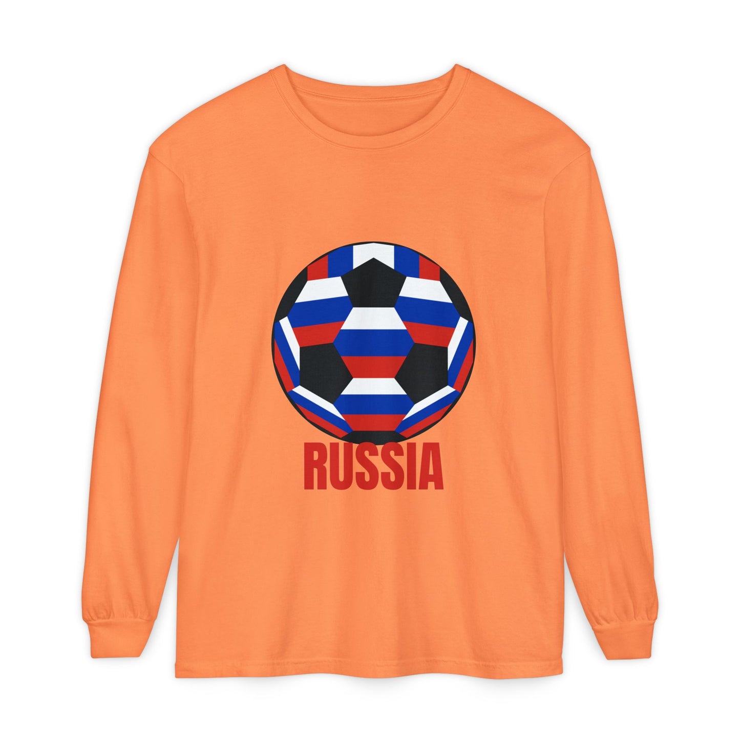 Russia Fan Specialty Soccer Ball Design T Shirt Long Sleeve T-Shirt Red Text