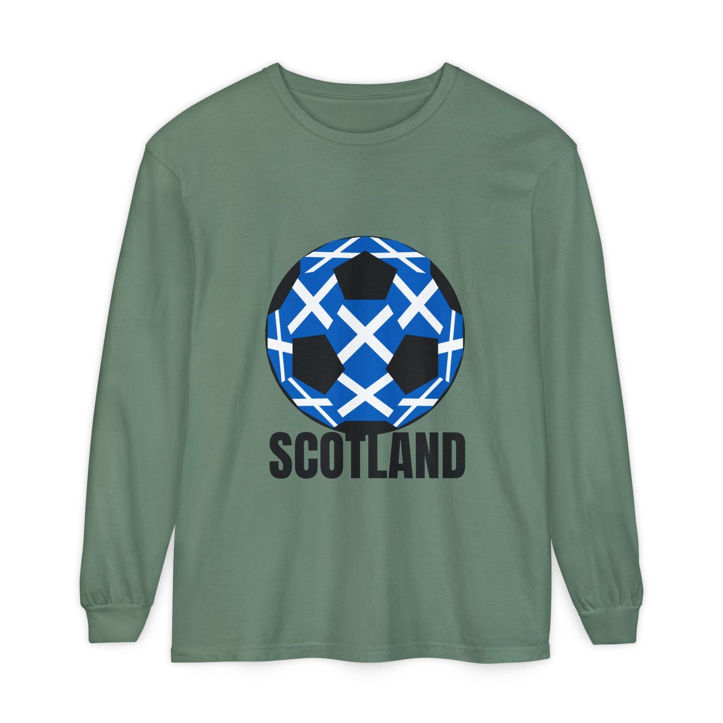 Scotland Fan Specialty Soccer Ball Design T Shirt Long Sleeve Tee Black Text
