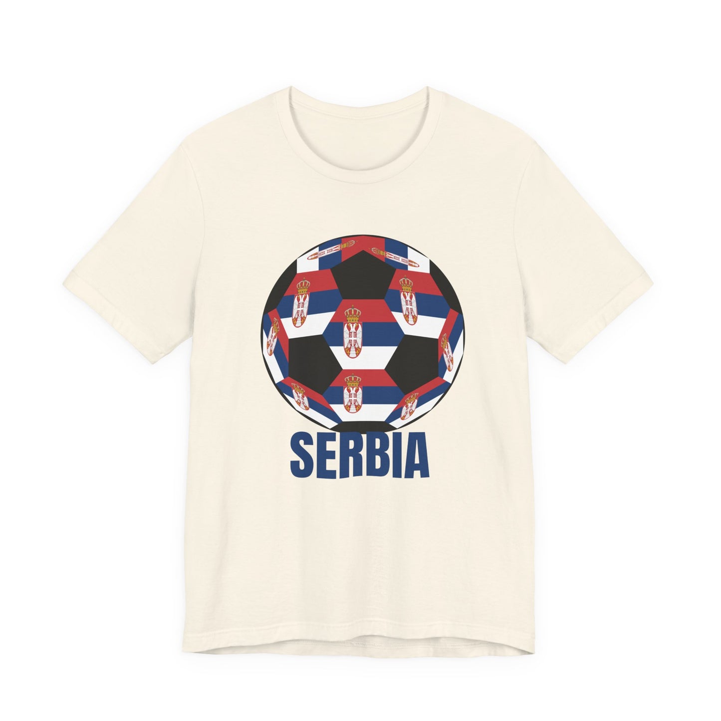 Serbia Fan Specialty Soccer Ball Design T Shirt Blue Text