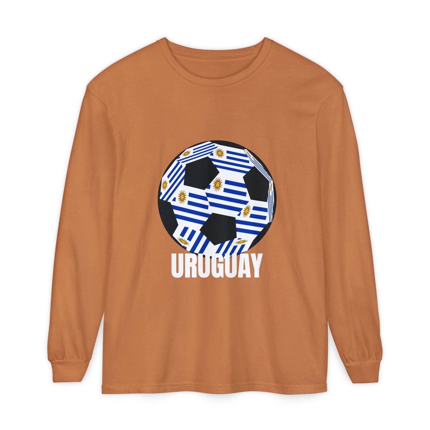 Uruguay Fan Specialty Soccer Ball Design Long Sleeve T‑Shirt White Text