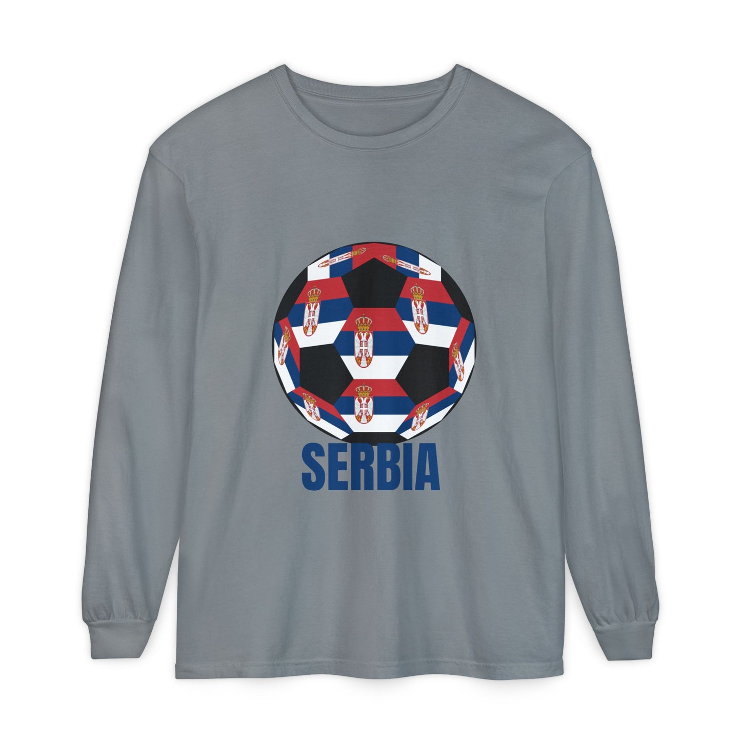 Serbia Fan Specialty Soccer Ball Design T Shirt Long Sleeve Shirt Blue Text