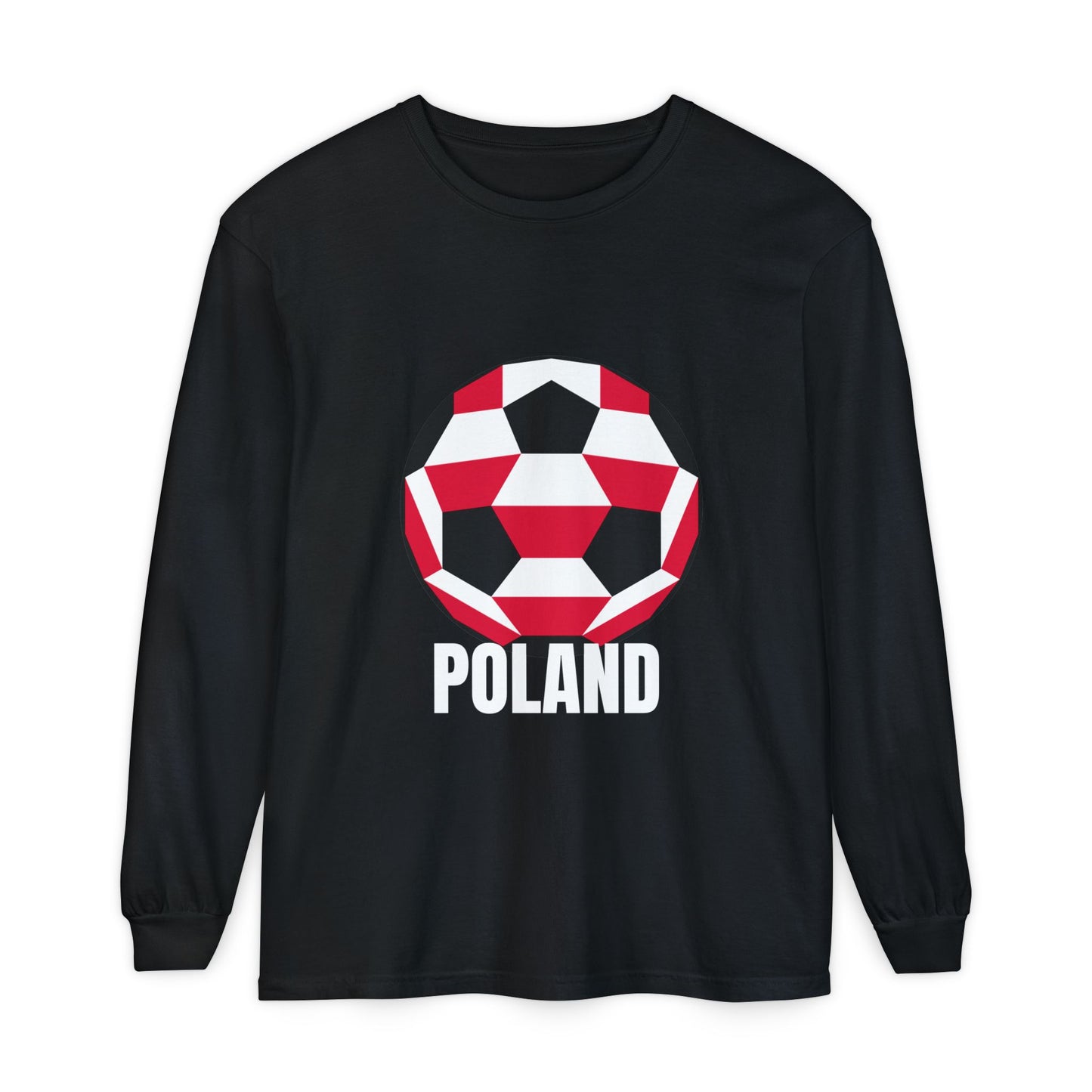 Poland Fan Specialty Soccer Ball Design T Shirt Long Sleeve Tee White Text