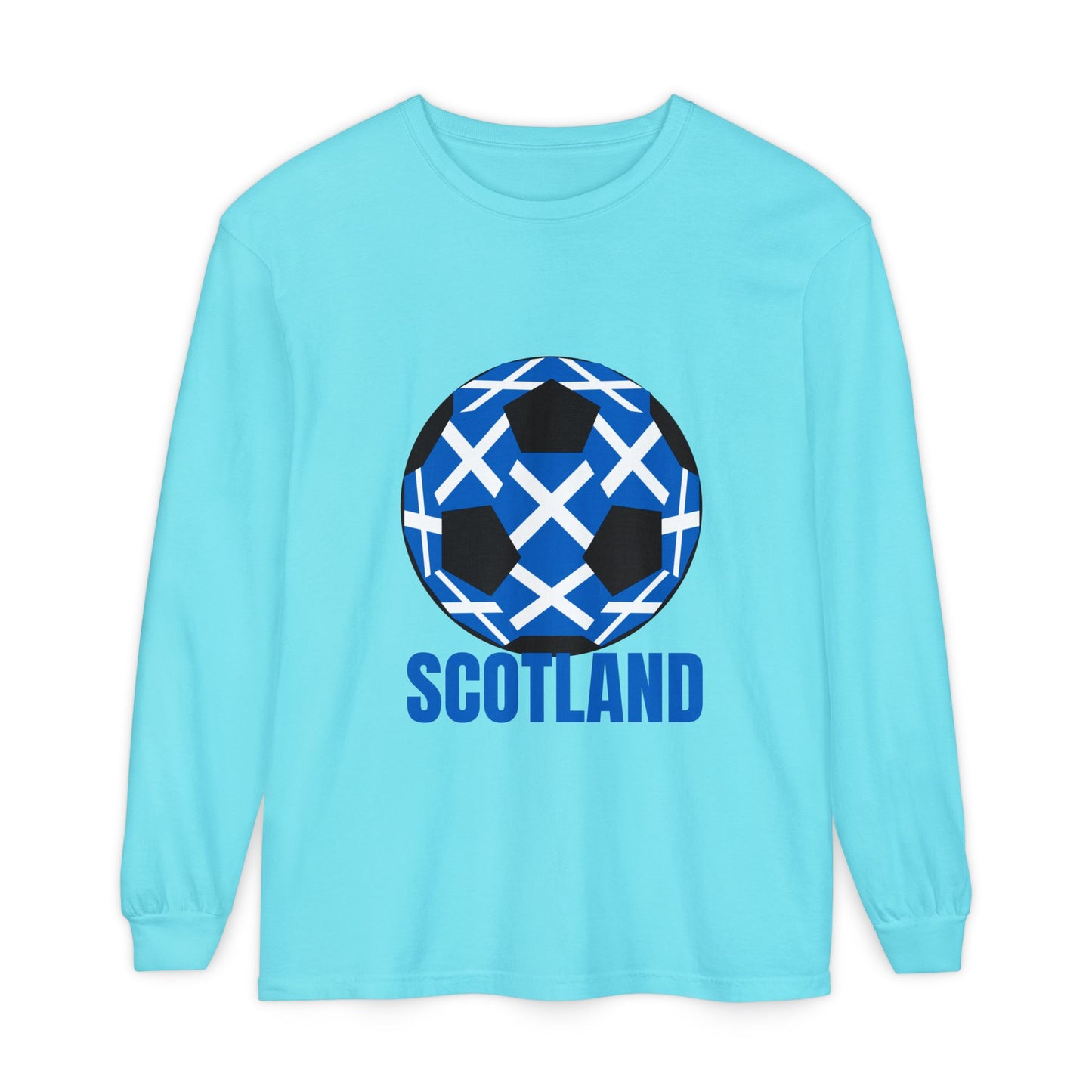 Scotland Fan Specialty Soccer Ball Design T Shirt Long Sleeve Tee Blue Text