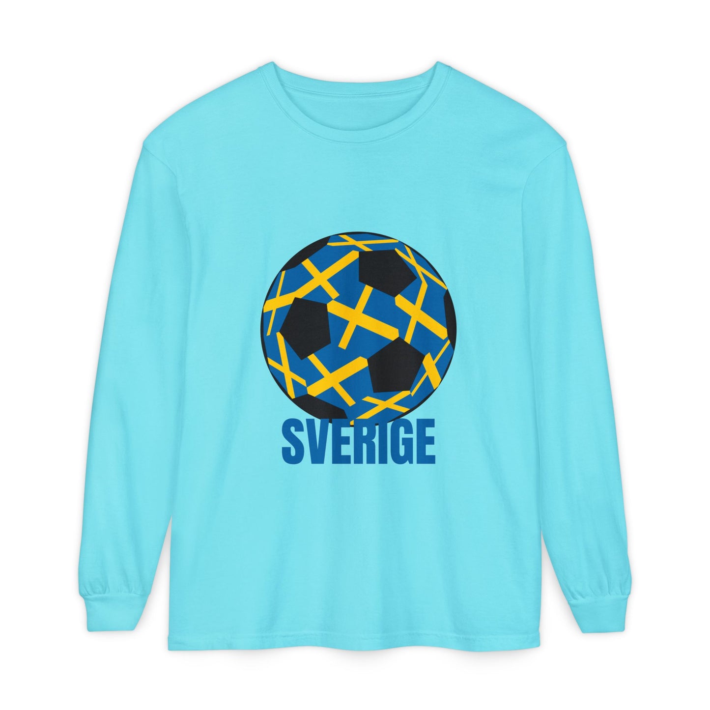 Sverige Fan Specialty Soccer Ball Design T Shirt Blue Text