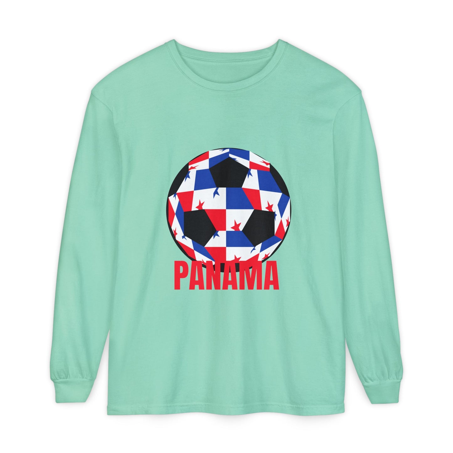 Panama Fan Specialty Soccer Ball Design T ShirtLong Sleeve Tee Red Text