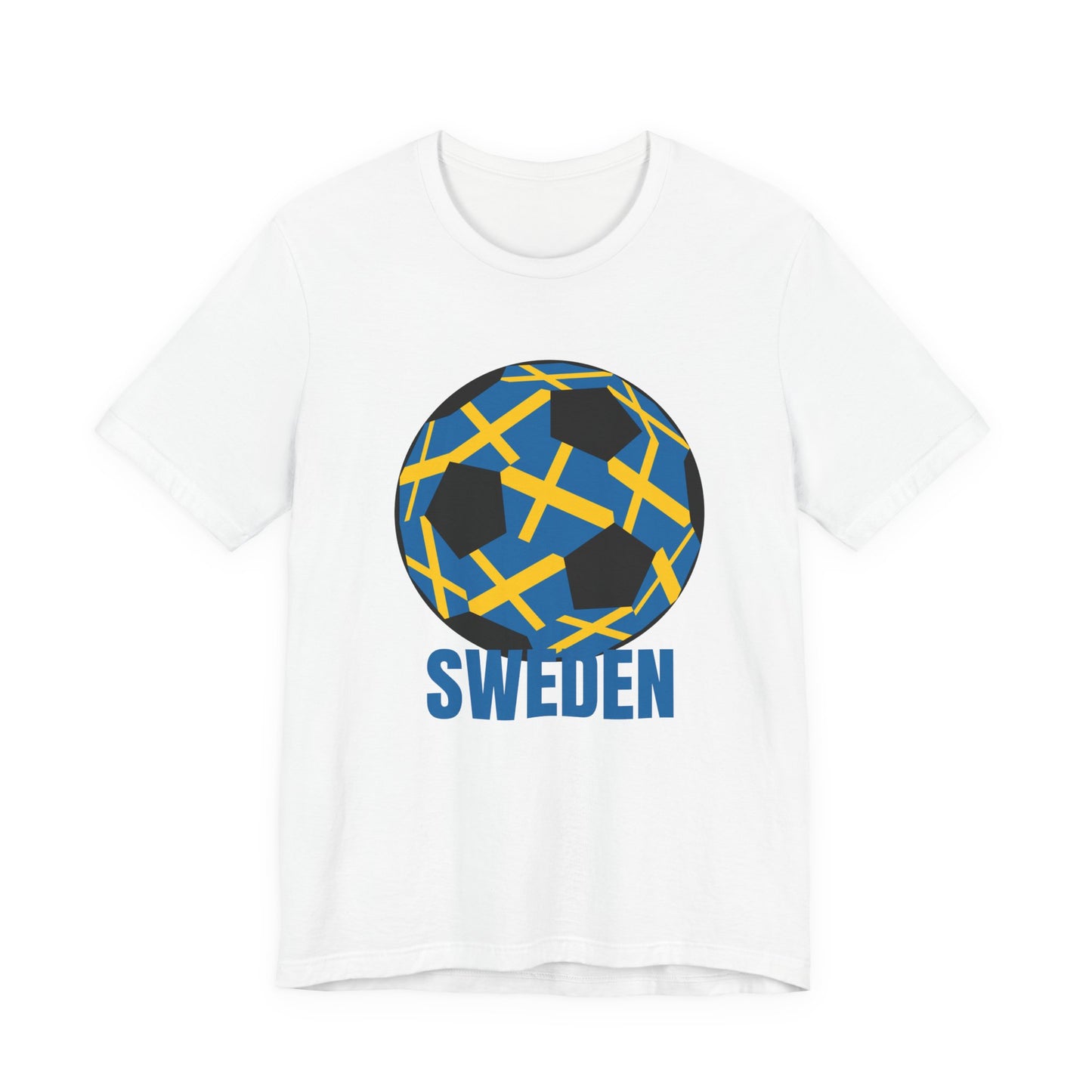 Sweden Fan Specialty Soccer Ball Design T Shirt Blue Text