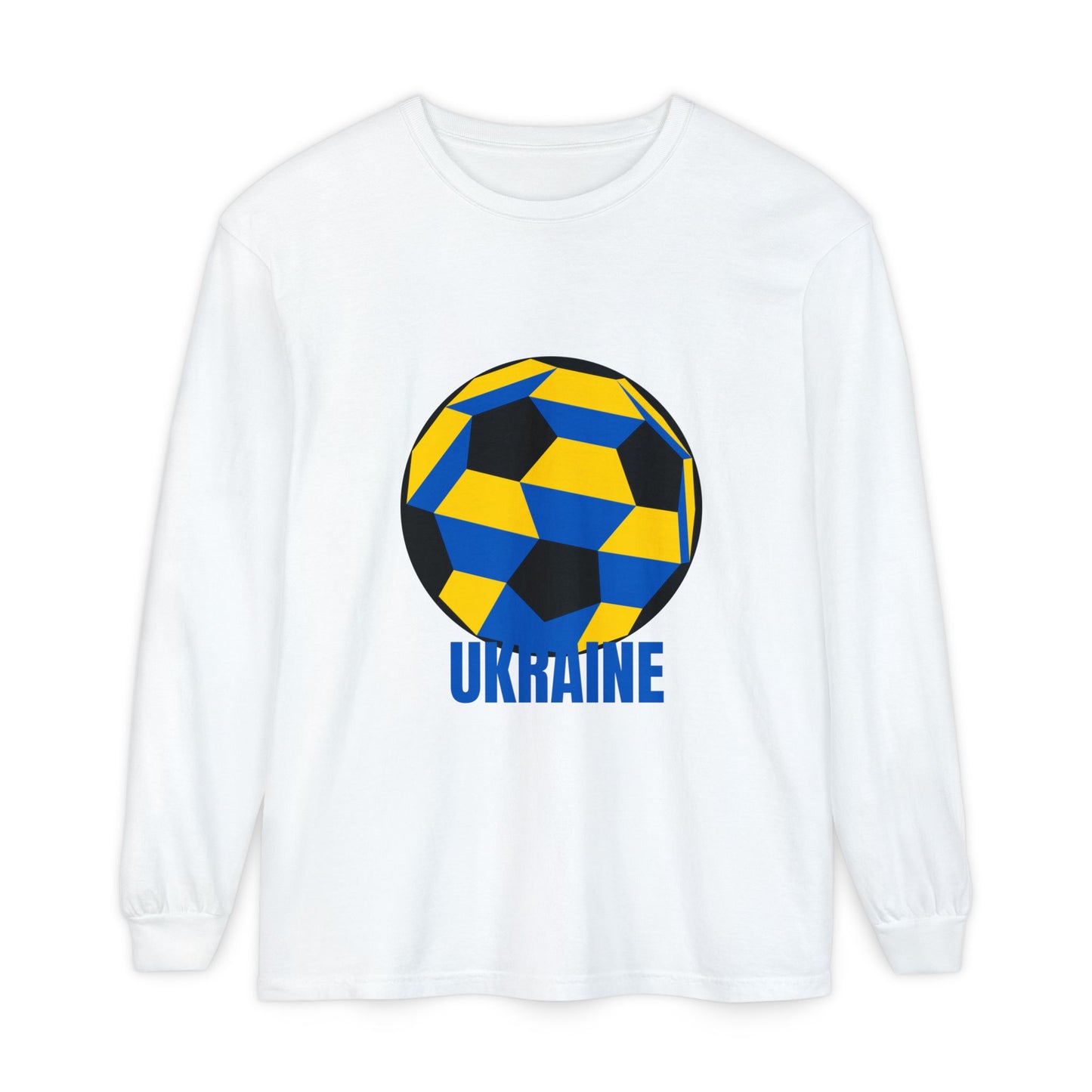 Ukraine Fan Specialty Soccer Ball Design Long Sleeve Tee Blue Text