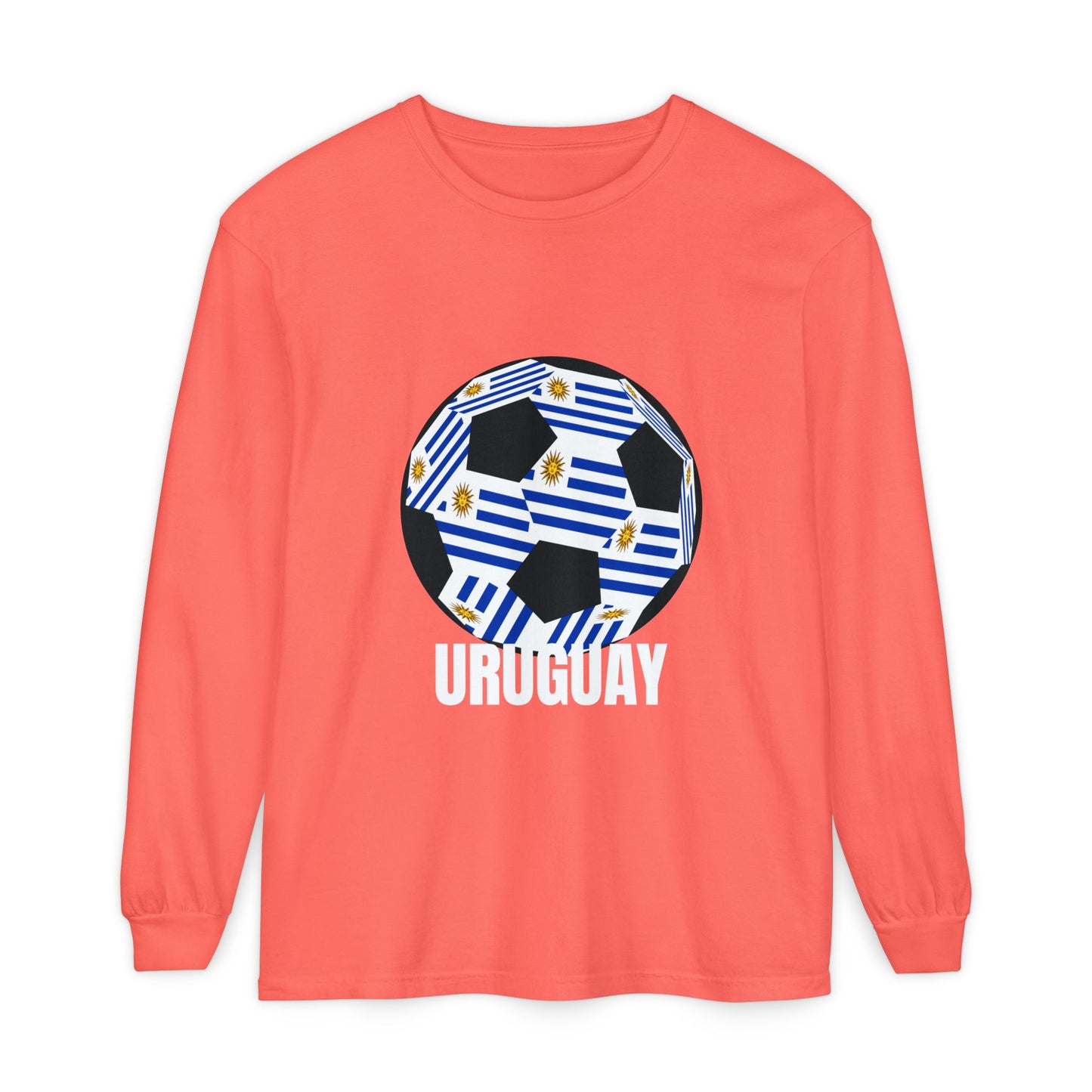 Uruguay Fan Specialty Soccer Ball Design Long Sleeve T‑Shirt White Text
