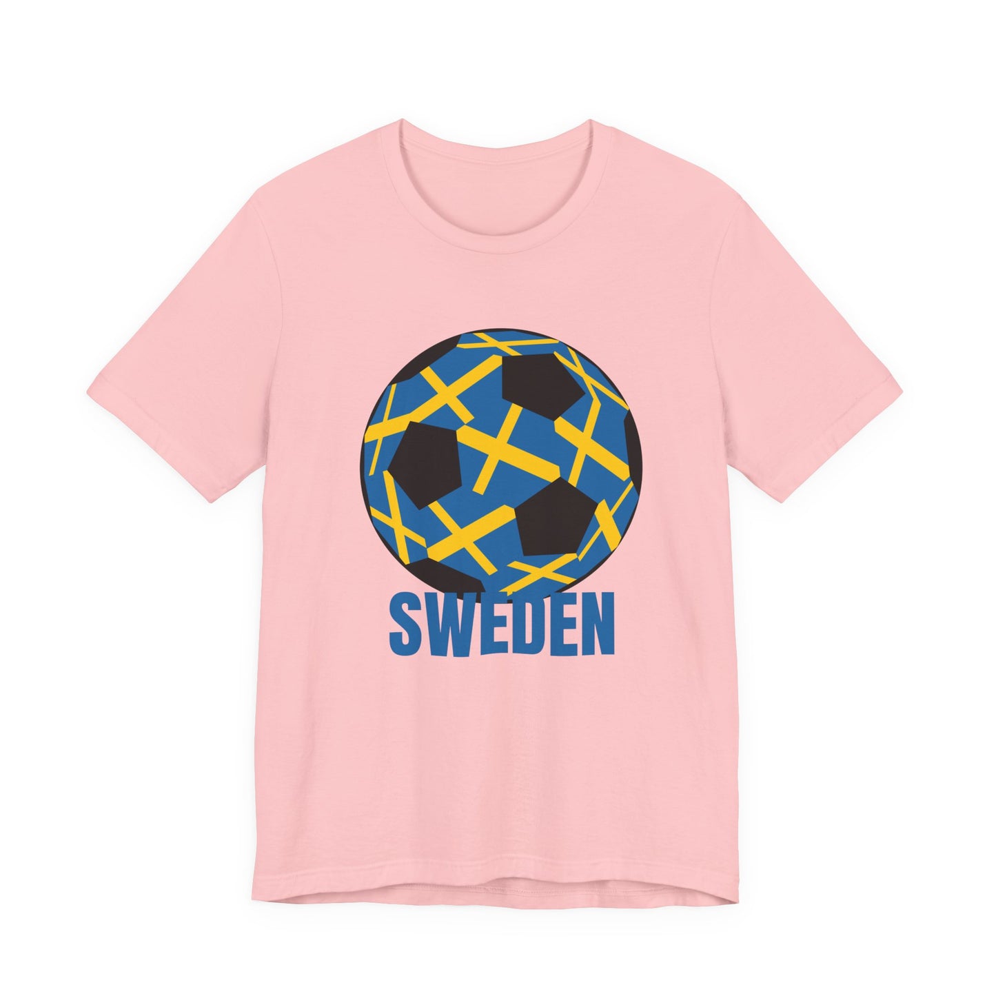 Sweden Fan Specialty Soccer Ball Design T Shirt Blue Text