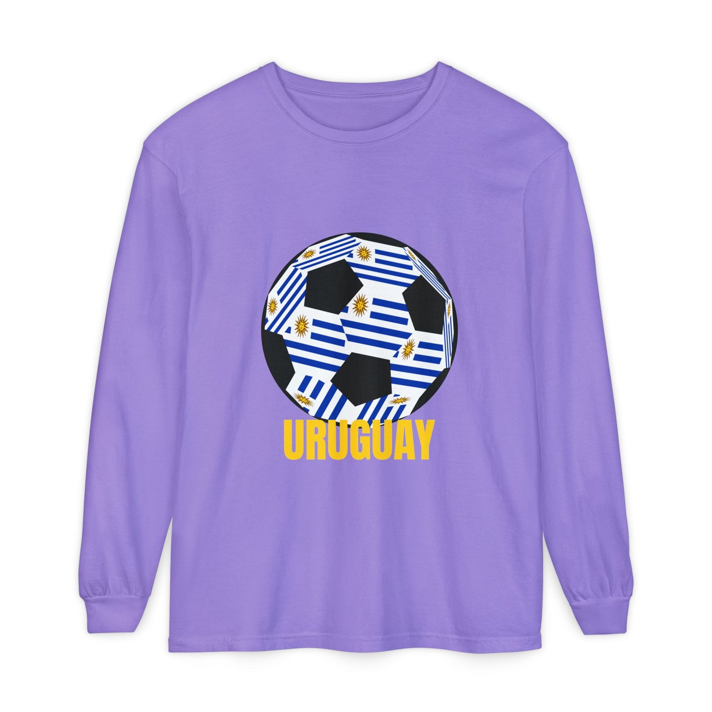 Uruguay Fan Specialty Soccer Ball Design Long Sleeve T Shirt Gold Text