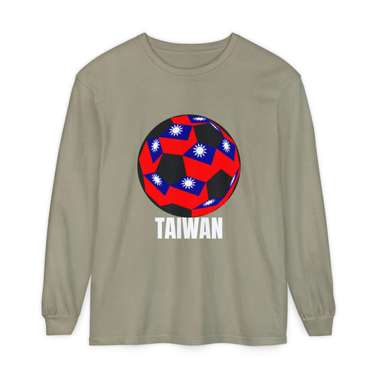 Taiwan Fan Specialty Soccer Ball Design T Shirt Long Sleeve White Text