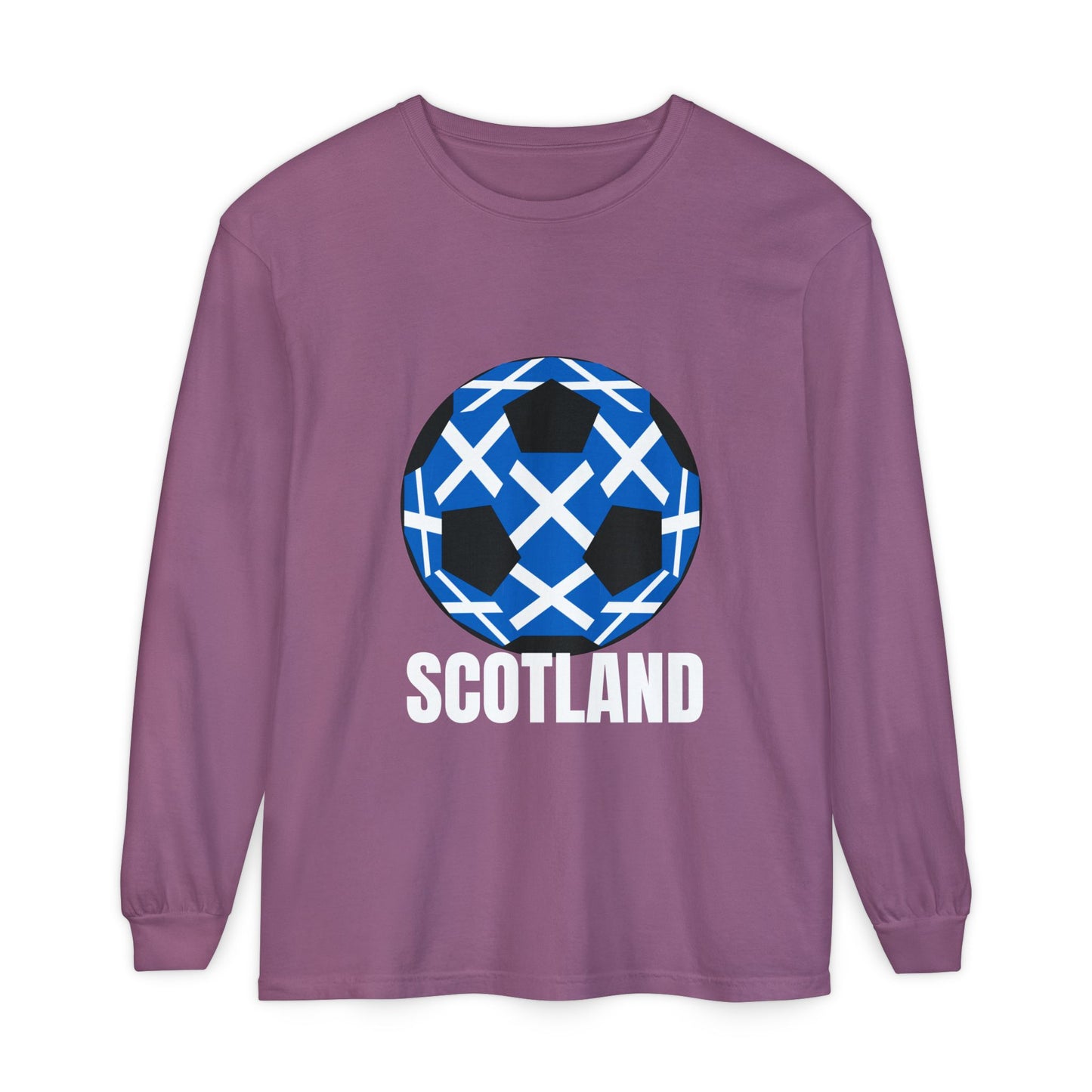 Scotland Fan Specialty Soccer Ball Design T Shirt Long Sleeve Tee White Text