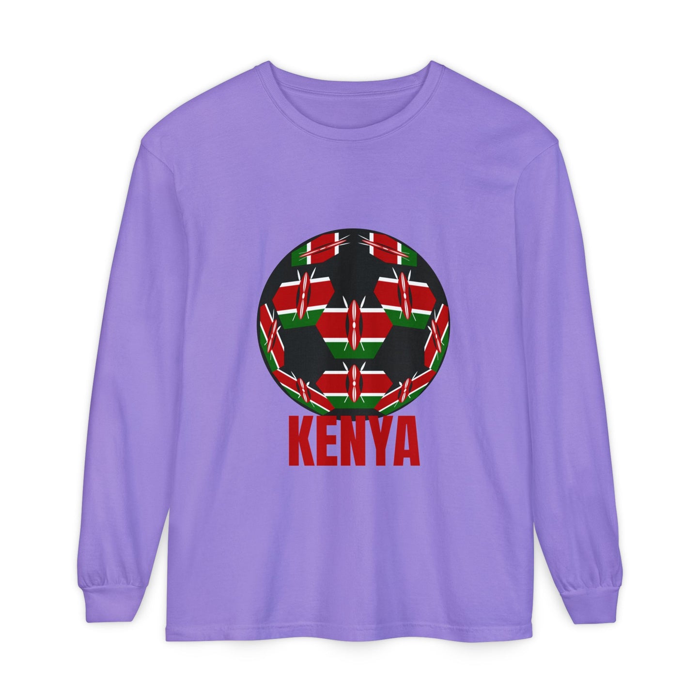 Kenya Fan Specialty Soccer Ball Design T Shirt Long Sleeve Red Text