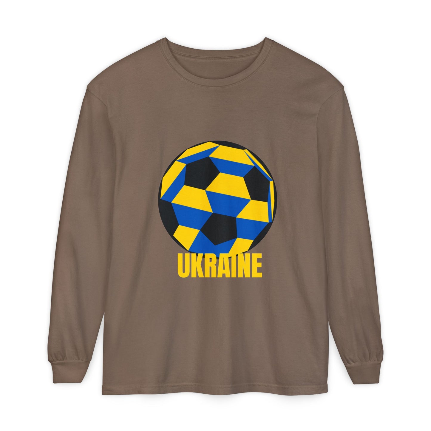 Ukraine Fan Specialty Soccer Ball Design Long Sleeve Tee Yellow Text
