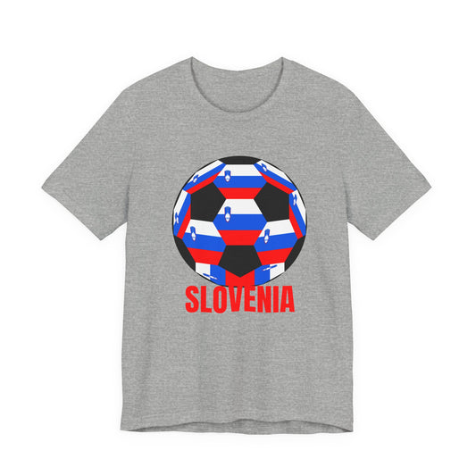 Slovenia Fan Specialty Soccer Ball Design T Shirt Red Text