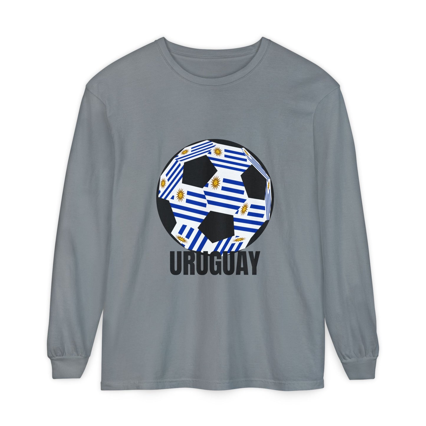 Uruguay Fan Specialty Soccer Ball Design Long Sleeve T-Shirt Black Text