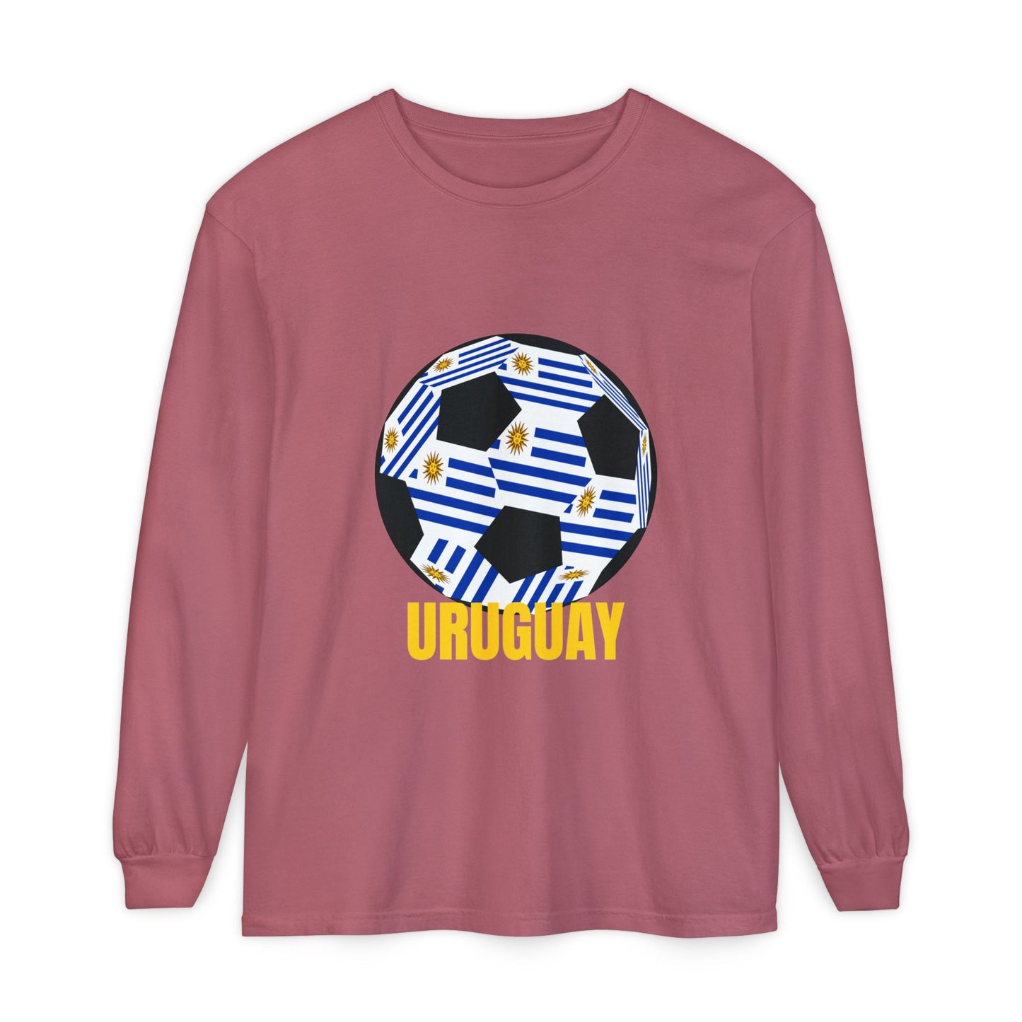 Uruguay Fan Specialty Soccer Ball Design Long Sleeve T Shirt Gold Text