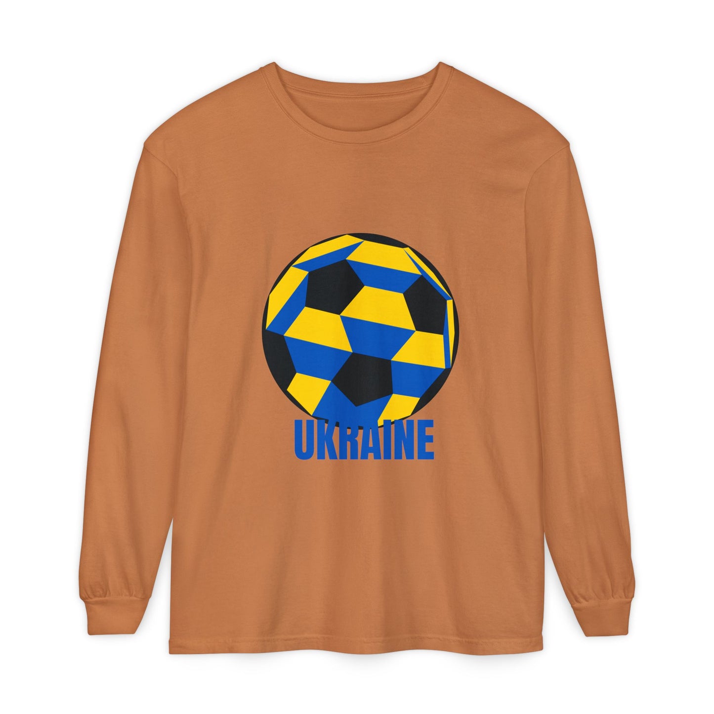 Ukraine Fan Specialty Soccer Ball Design Long Sleeve Tee Blue Text