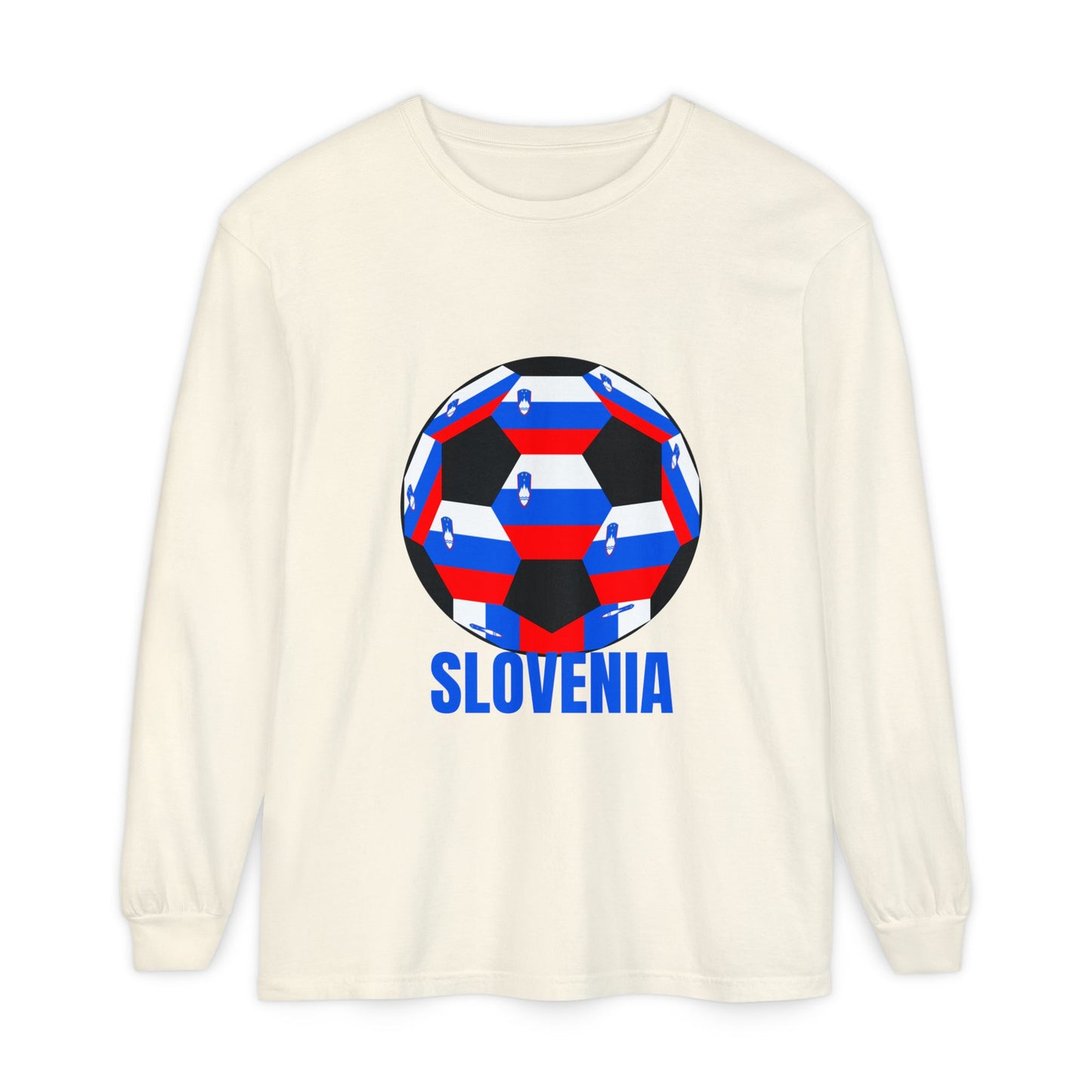 Slovenia Fan Specialty Soccer Ball Design Long Sleeve T-Shirt Blue Text
