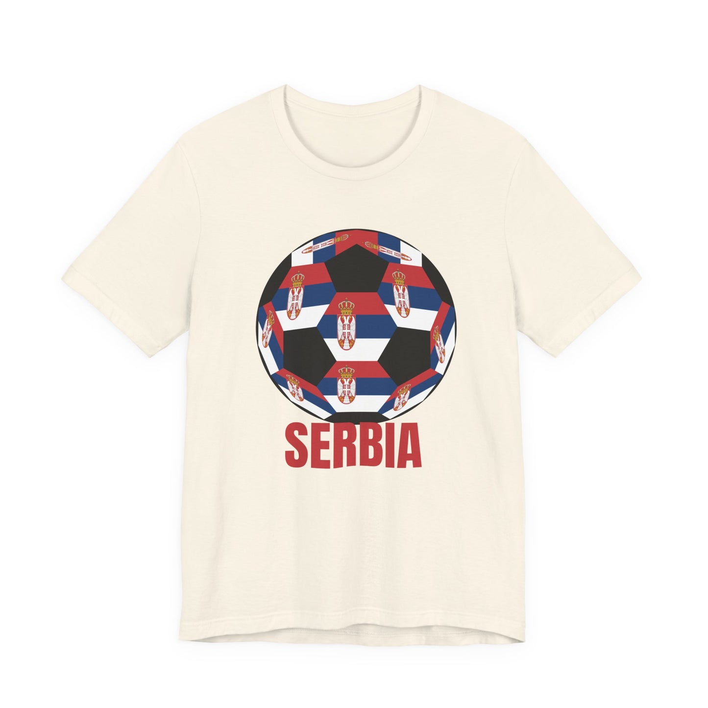 Serbia Fan Specialty Soccer Ball Design T Shirt Red Text