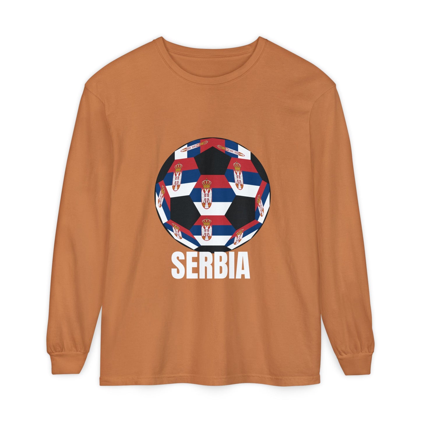 Serbia Fan Specialty Soccer Ball Design T Shirt Long Sleeve Tee White Text