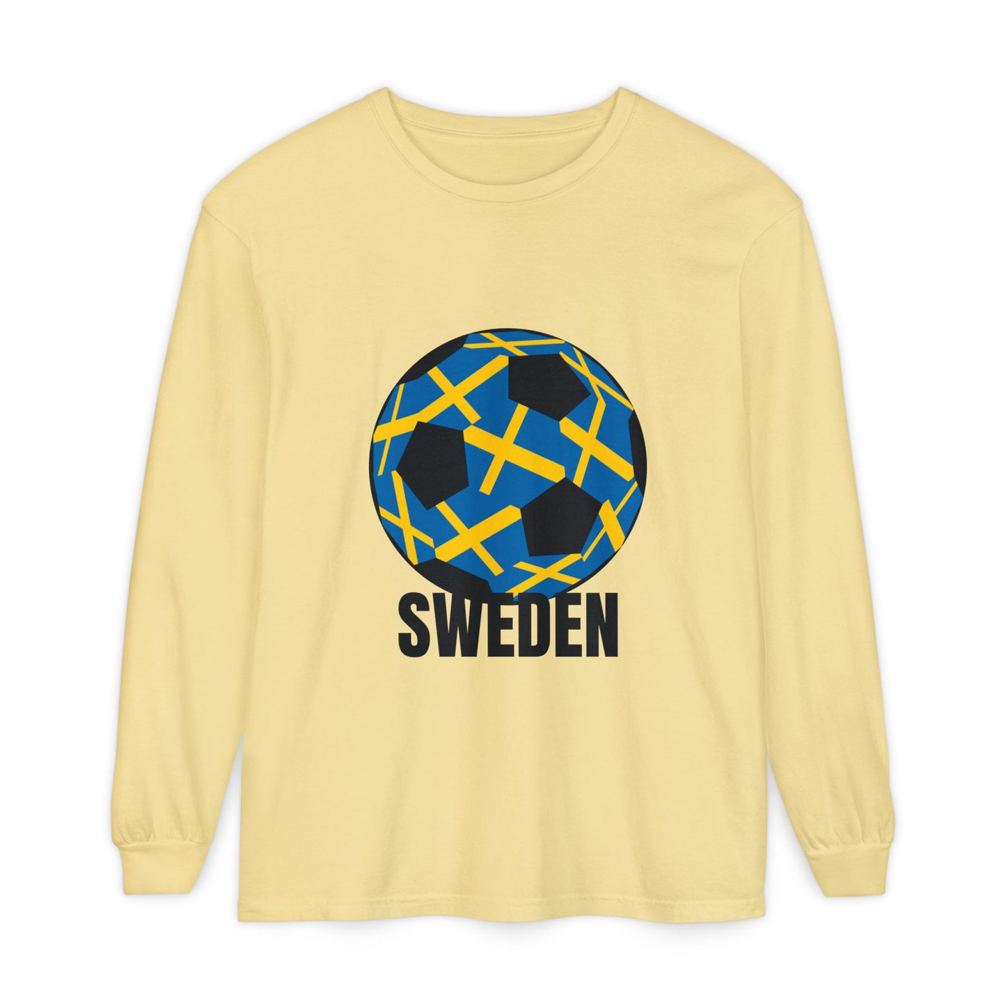 Sweden Fan Specialty Soccer Ball Design Long Sleeve Tee Black Text