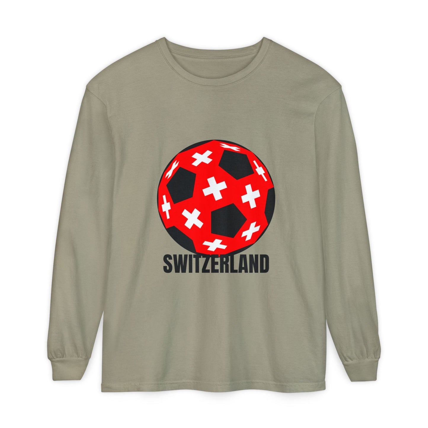 Switzerland Fan Specialty Soccer Ball Design T Shirt Long Sleeve Tee Black Text