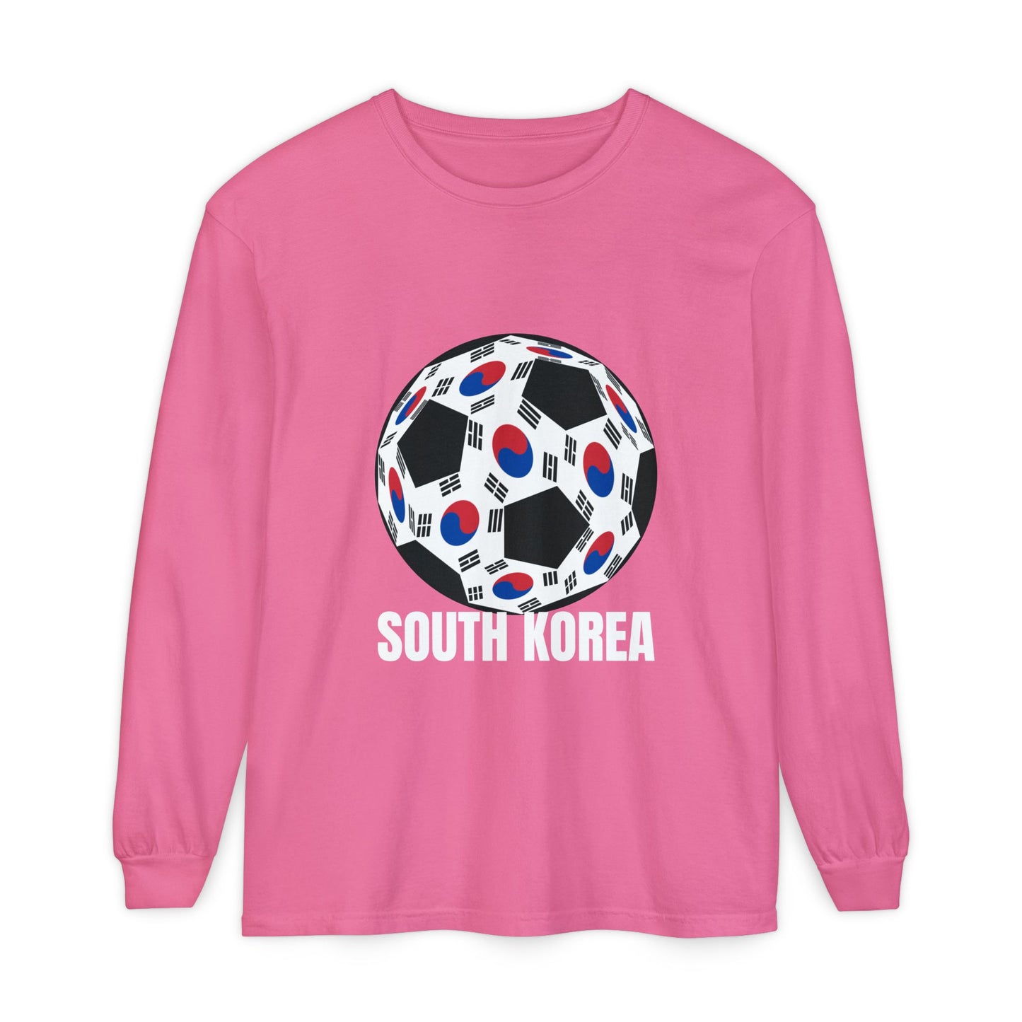 South Korea Fan Specialty Soccer Ball Design T Shirt Long Sleeve Tee White Text