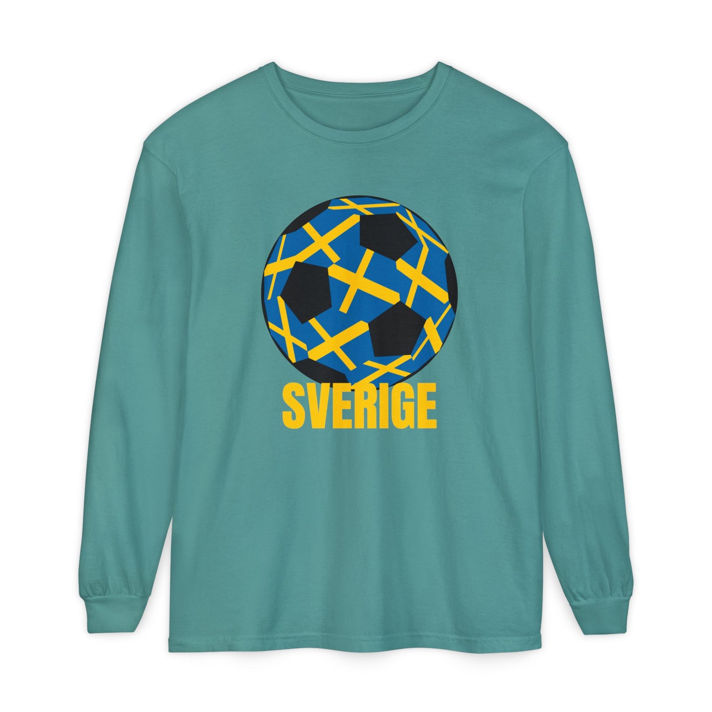 Sverige Fan Specialty Soccer Ball Design T Shirt Gold Text