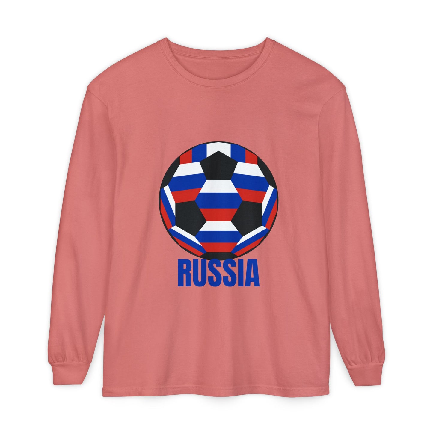 Russia Fan Specialty Soccer Ball Design T Shirt Long Sleeve T-Shirt Blue Text