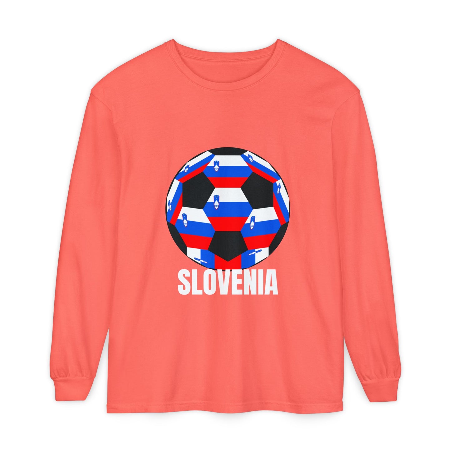 Slovenia Fan Specialty Soccer Ball Design T Shirt Long Sleeve Shirt White Text