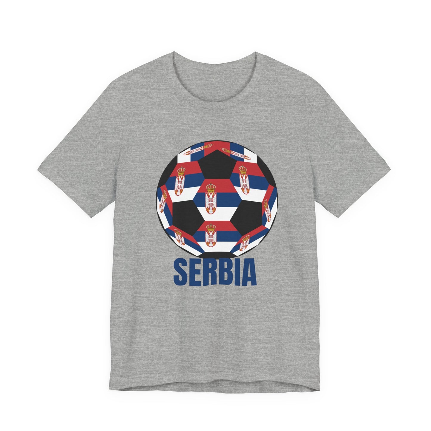 Serbia Fan Specialty Soccer Ball Design T Shirt Blue Text