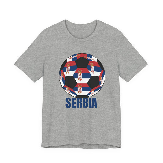 Serbia Fan Specialty Soccer Ball Design T Shirt Blue Text