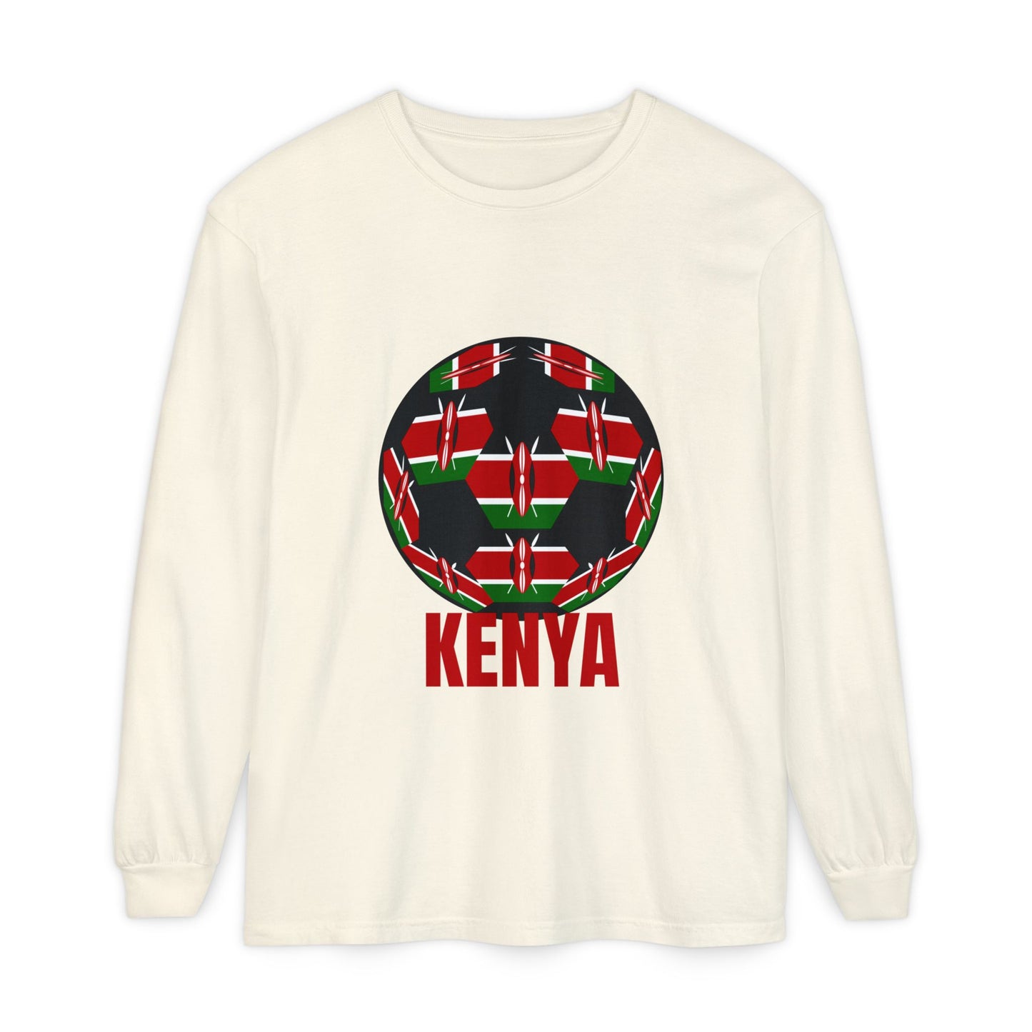 Kenya Fan Specialty Soccer Ball Design T Shirt Long Sleeve Red Text