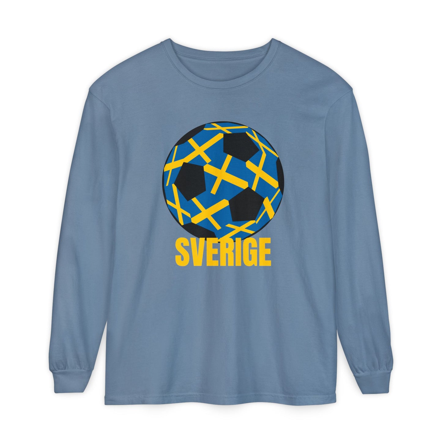 Sverige Fan Specialty Soccer Ball Design T Shirt Gold Text