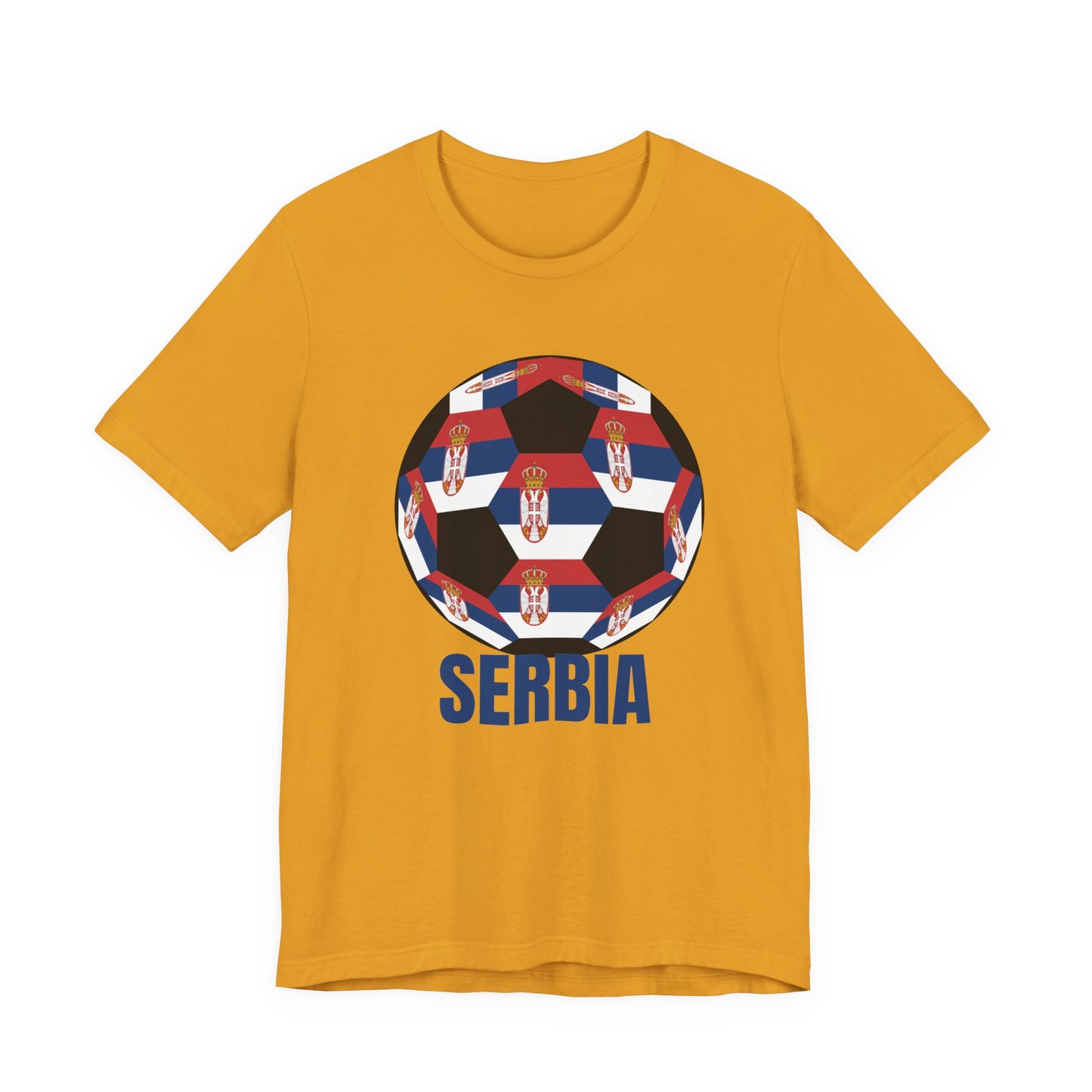 Serbia Fan Specialty Soccer Ball Design T Shirt Blue Text